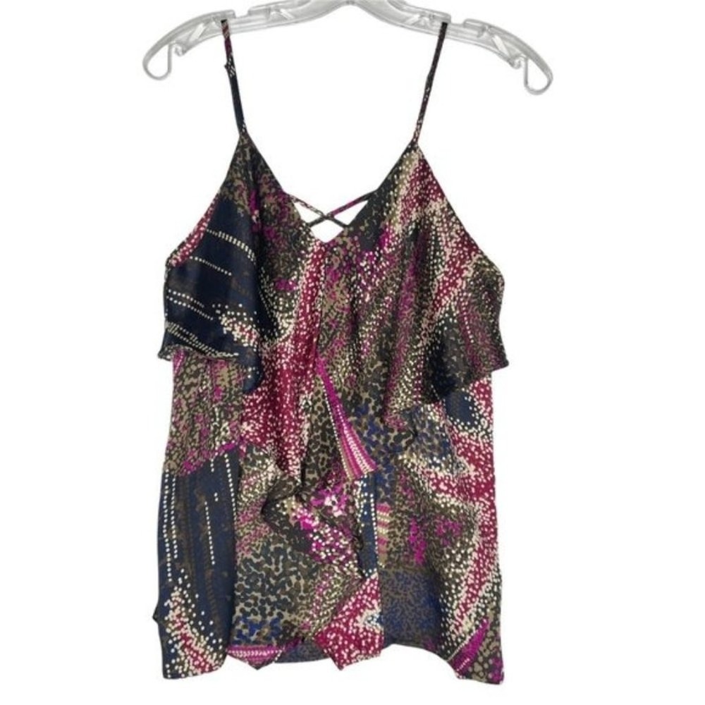 Greylin Abstract Print Ruffle Cami Top Purple Navy Sleeveless Blouse Medium